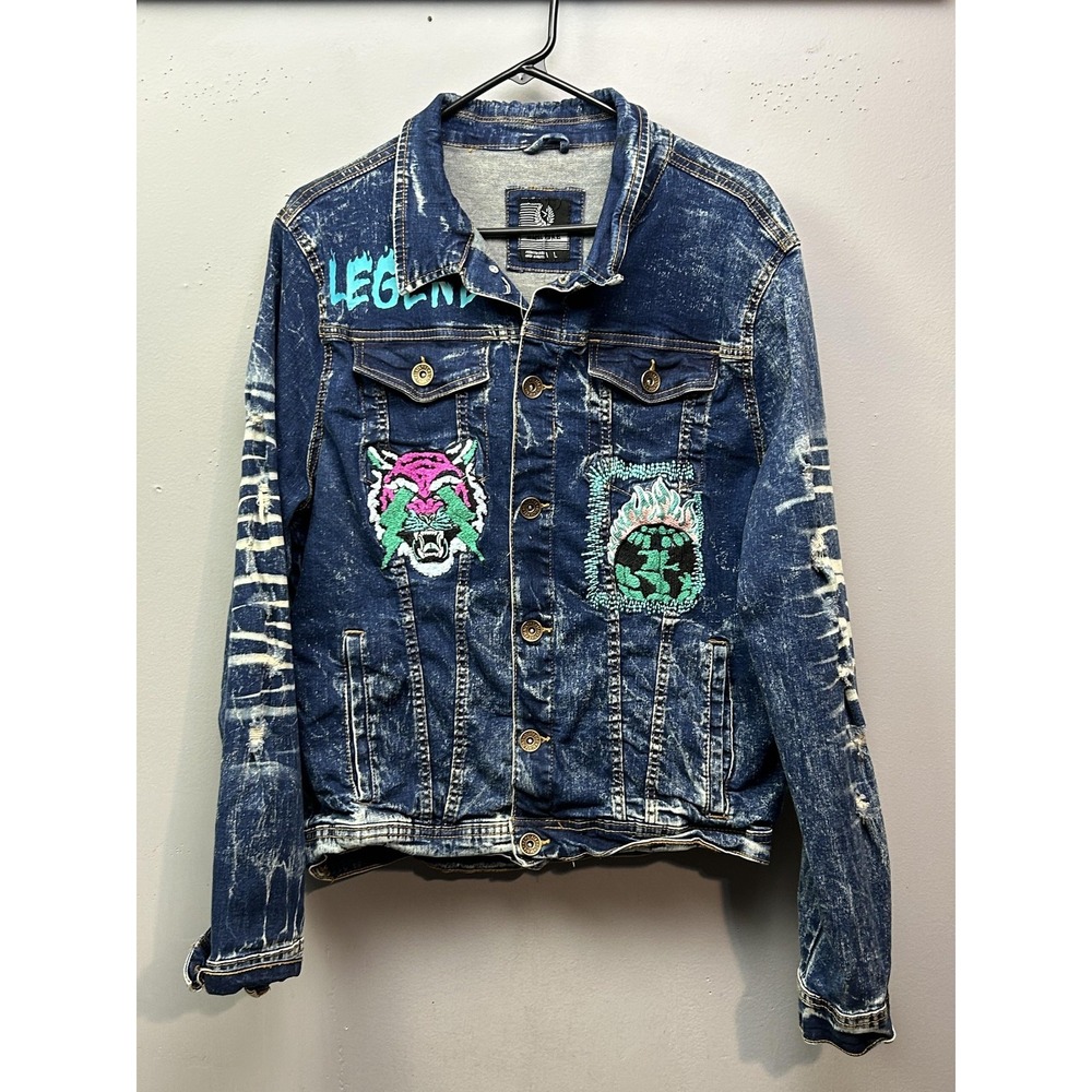 Black Pike Jacket Mens Medium Distressed Denim Trucker Embroidered Tiger Legend - Picture 2 of 9